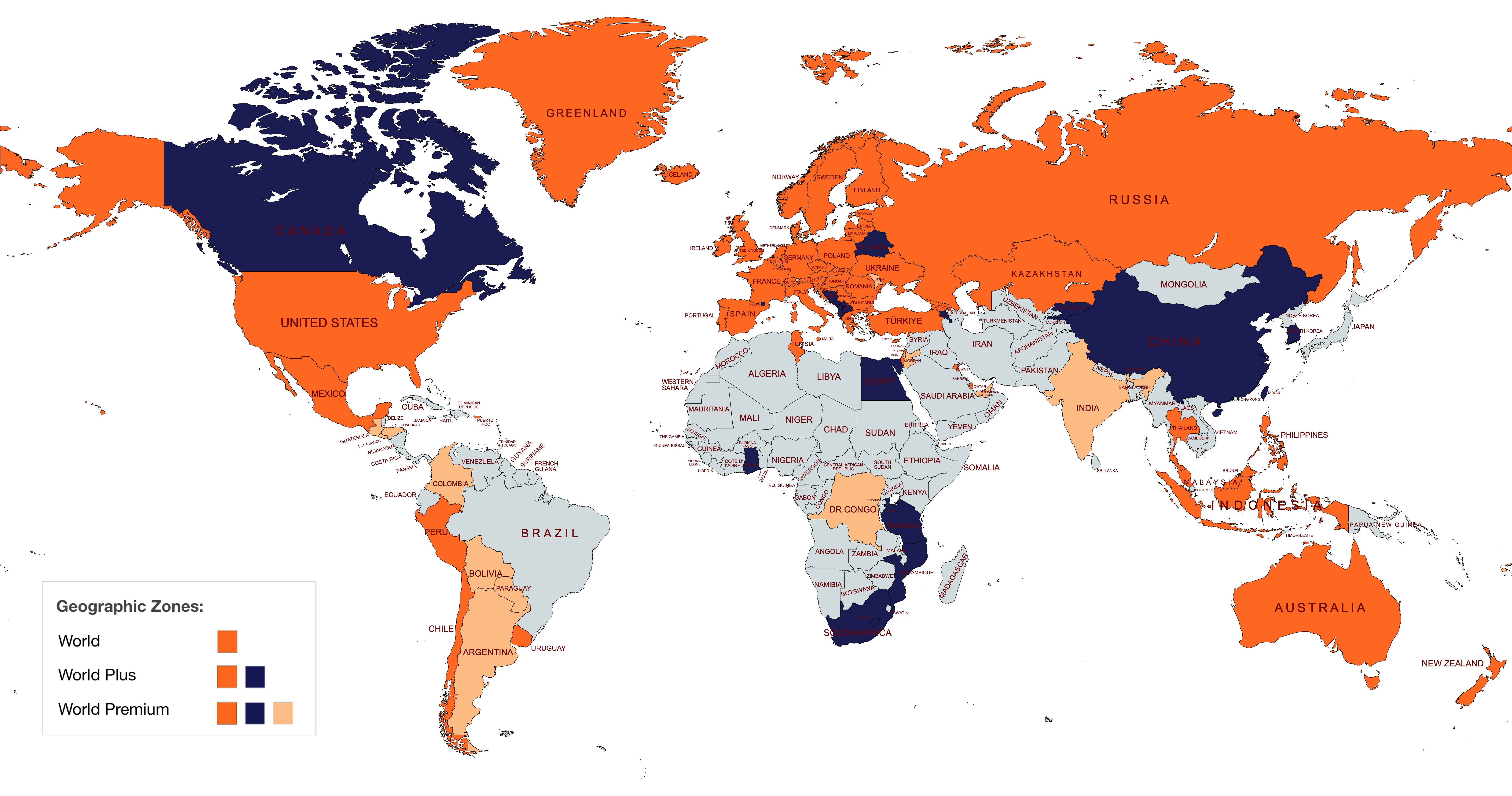 Global map of The IoT Guide's coverage, divided into three zones